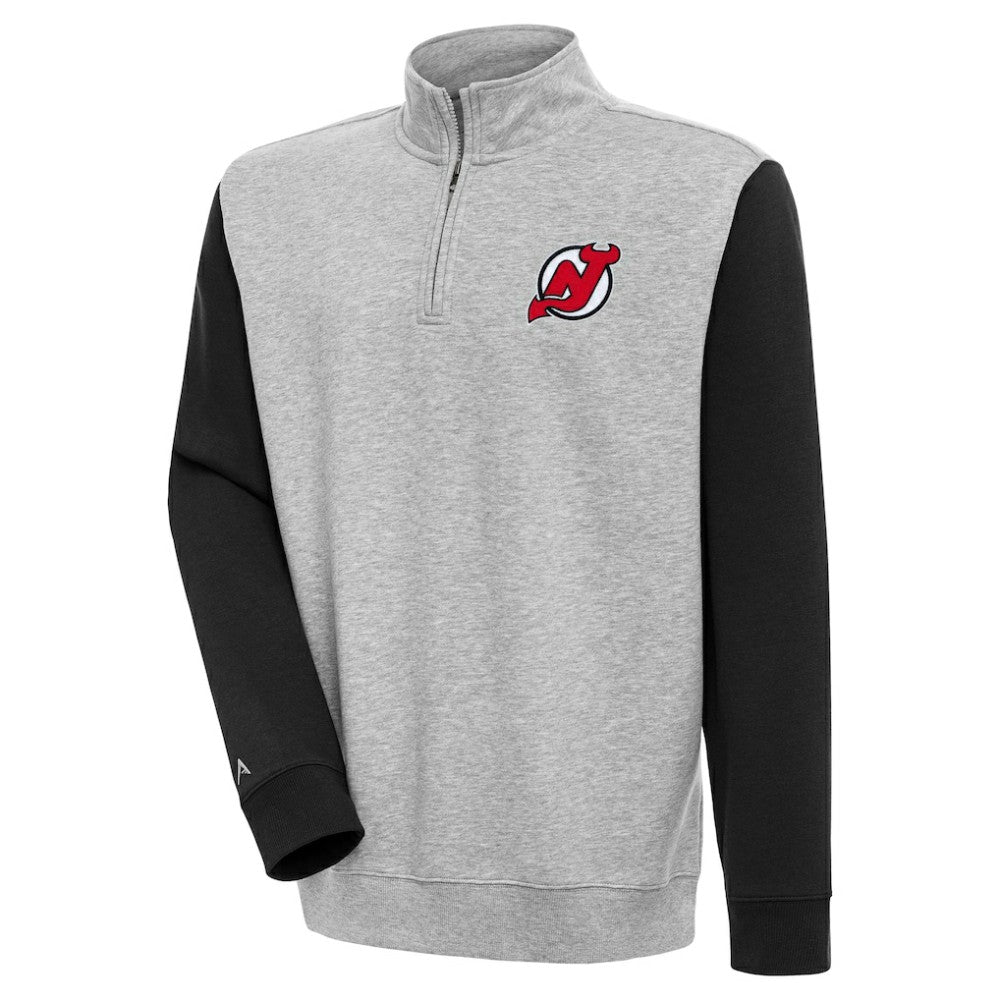 New Jersey Devils Antigua Victory Colorblock Quarter-Zip Pullover Top Heather Gray/Black