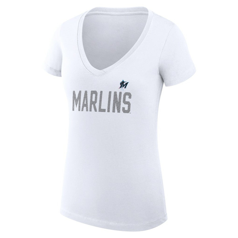 Miami Marlins G-III 4Her by Carl Banks Women's Super-Slim Fit Lightweight Dot Print V-Neck T-Shirt - White