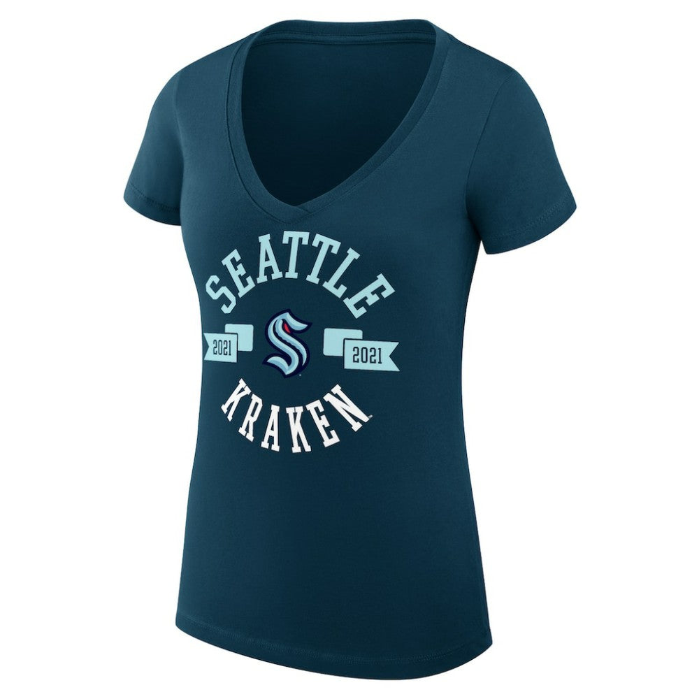Seattle Kraken G-III 4Her by Carl Banks Women's Super-Slim Fit Lightweight City Graphic V-Neck T-Shirt Navy