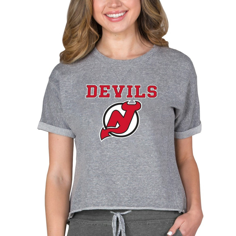 New Jersey Devils Concepts Sport Women's Tri-Blend Mainstream Terry Short Sleeve Sweatshirt Top Heather Gray