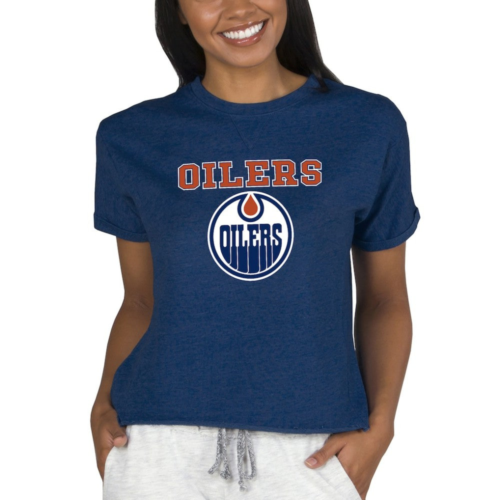 Edmonton Oilers Concepts Sport Women's Tri-Blend Mainstream Terry Short Sleeve Sweatshirt Top Navy