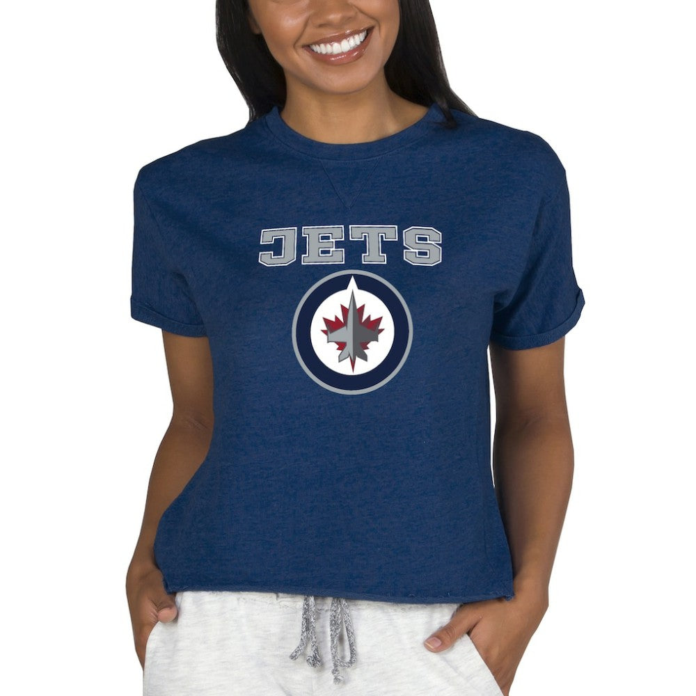 Winnipeg Jets Concepts Sport Women's Tri-Blend Mainstream Terry Short Sleeve Sweatshirt Top Navy