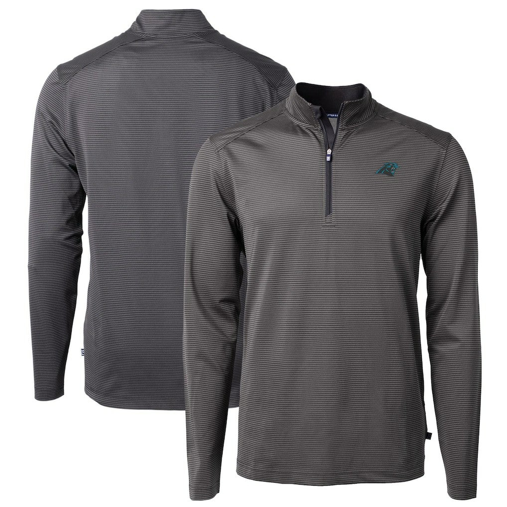 Carolina Panthers Cutter & Buck Virtue Eco Pique Micro Stripe Recycled Quarter-Zip Pullover Top - Black/Gray for sale