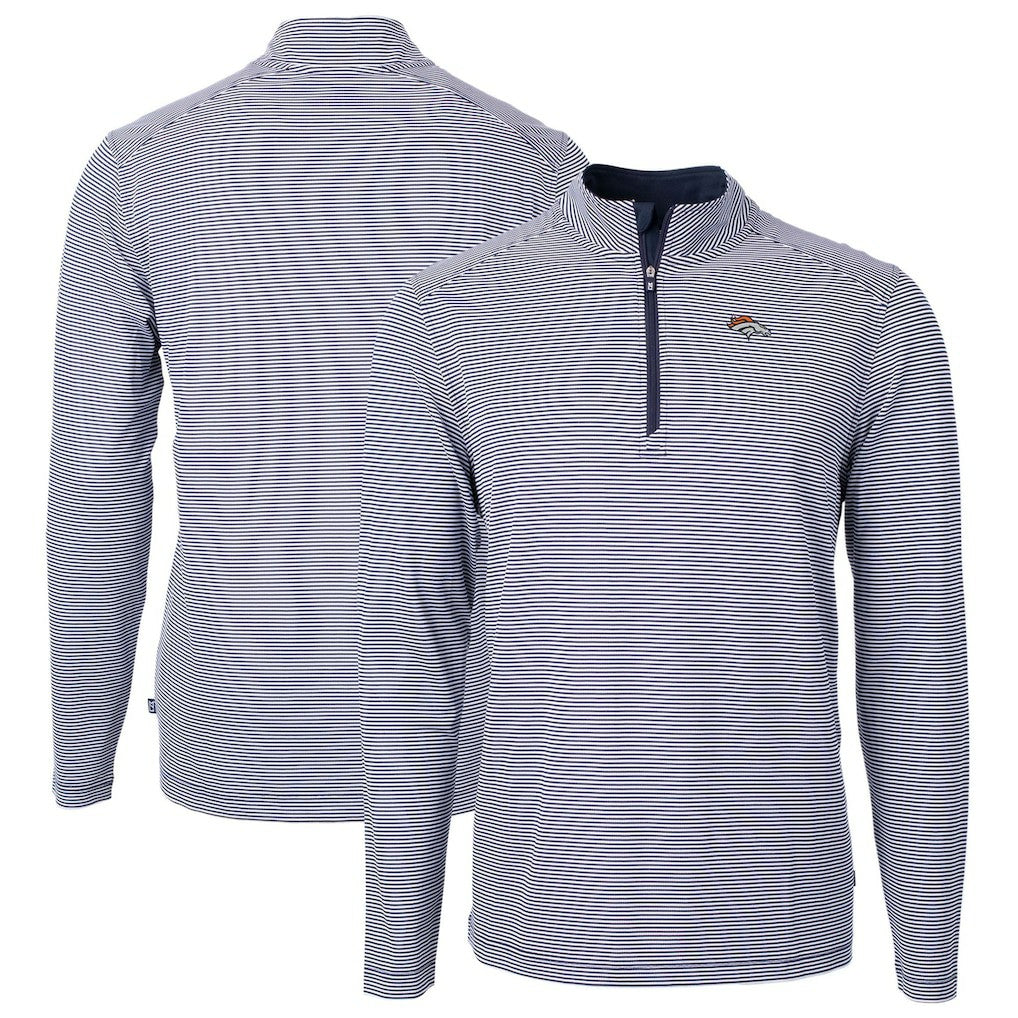Denver Broncos Cutter & Buck Virtue Eco Pique Micro Stripe Recycled Quarter-Zip Pullover Top - Navy/White for sale