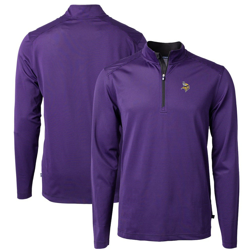 Minnesota Vikings Cutter & Buck Virtue Eco Pique Micro Stripe Recycled Quarter-Zip Pullover Top - Purple/Black for sale