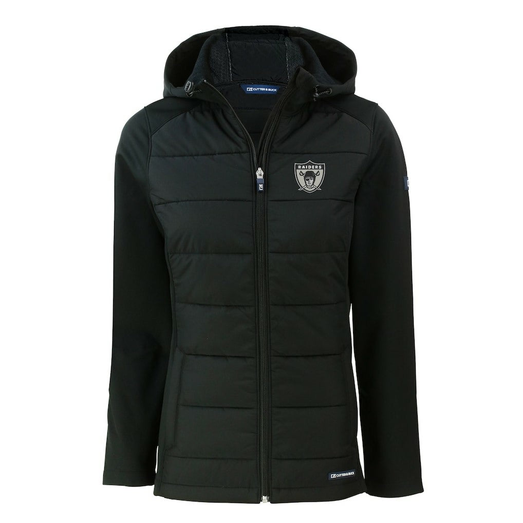 Las Vegas Raiders Cutter & Buck Women's Throwback Evoke Hybrid Eco Softshell Recycled Full-Zip Hoodie Jacket - Black for sale