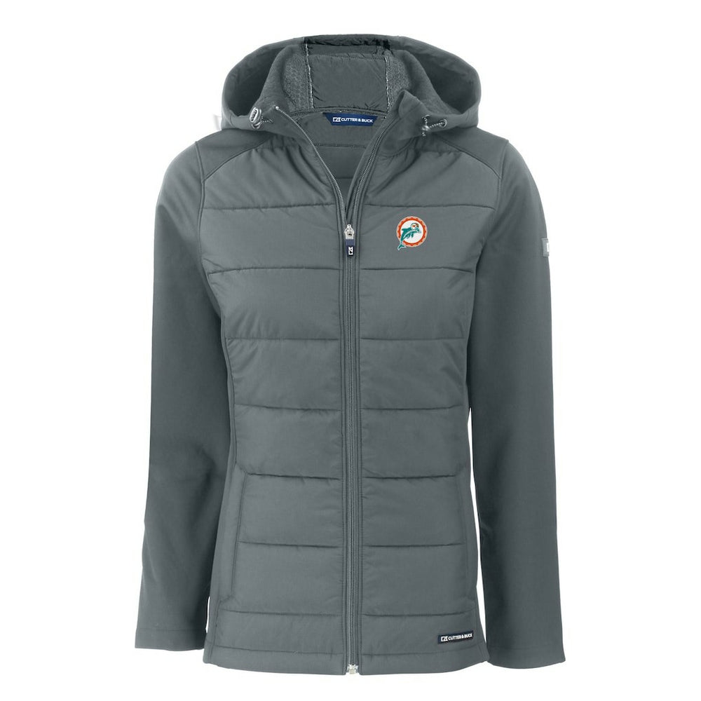 Miami Dolphins Cutter & Buck Women's Throwback Evoke Hybrid Eco Softshell Recycled Full-Zip Hoodie Jacket - Gray for sale