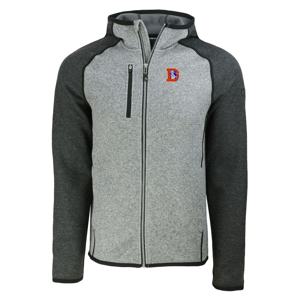 Denver Broncos Cutter & Buck Throwback Mainsail Sweater-Knit Full-Zip Hoodie - Heather Gray/Heather Charcoal for sale