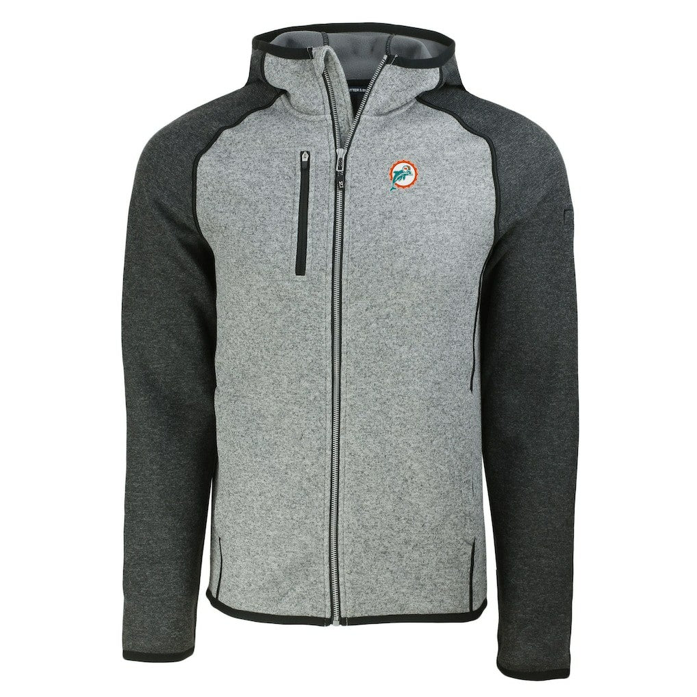 Miami Dolphins Cutter & Buck Throwback Mainsail Sweater-Knit Full-Zip Hoodie - Heather Gray/Heather Charcoal sale