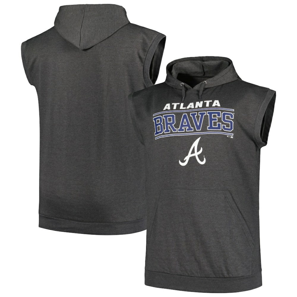 Atlanta Braves Profile Big & Tall Muscle Sleeveless Pullover Hoodie - Heather Charcoal