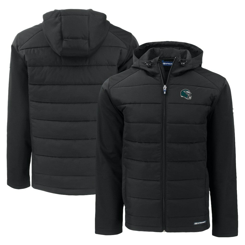 Philadelphia Eagles Cutter & Buck Helmet Evoke Hybrid Eco Softshell Recycled Full-Zip Hoodie Jacket - Black for sale