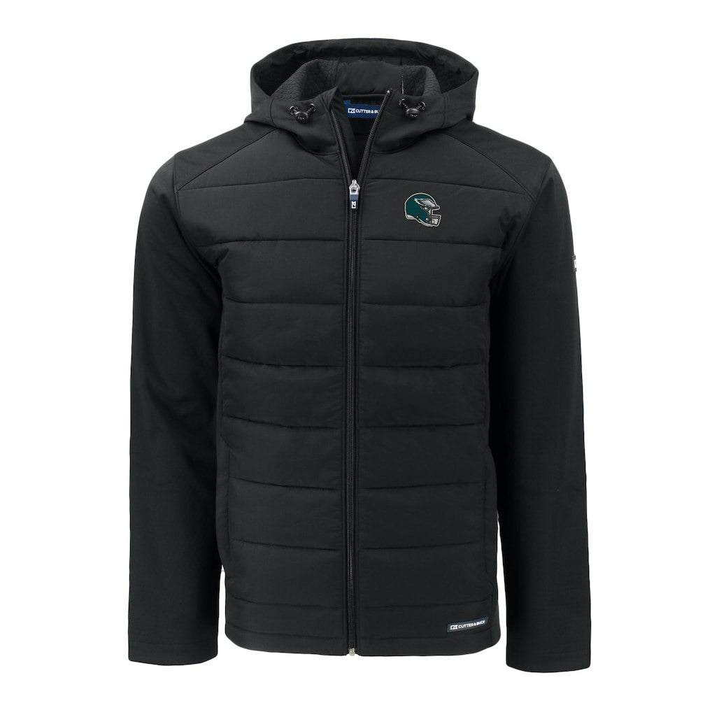 Philadelphia Eagles Cutter & Buck Helmet Evoke Hybrid Eco Softshell Recycled Full-Zip Hoodie Jacket - Black for sale