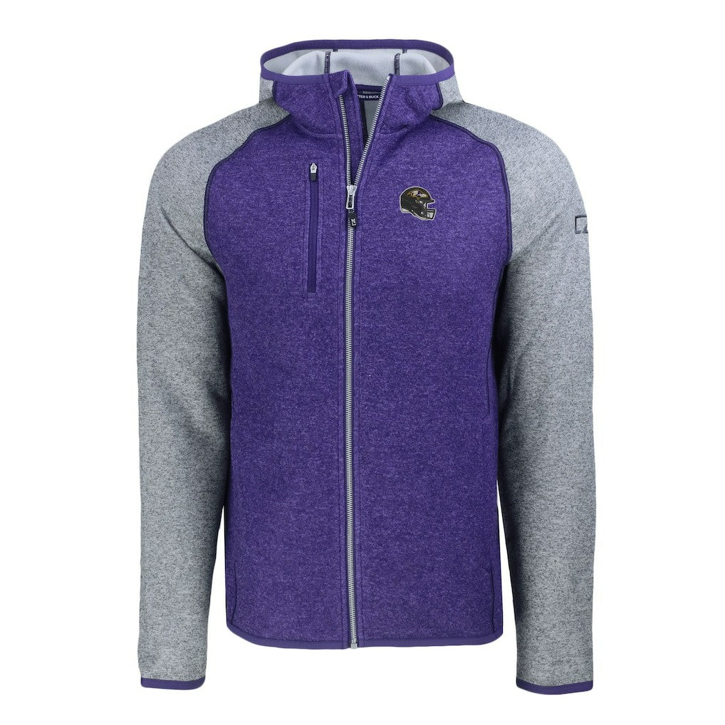 Baltimore Ravens Cutter & Buck Helmet Mainsail Sweater-Knit Full-Zip Hoodie - Heather Purple/Heather Gray discount