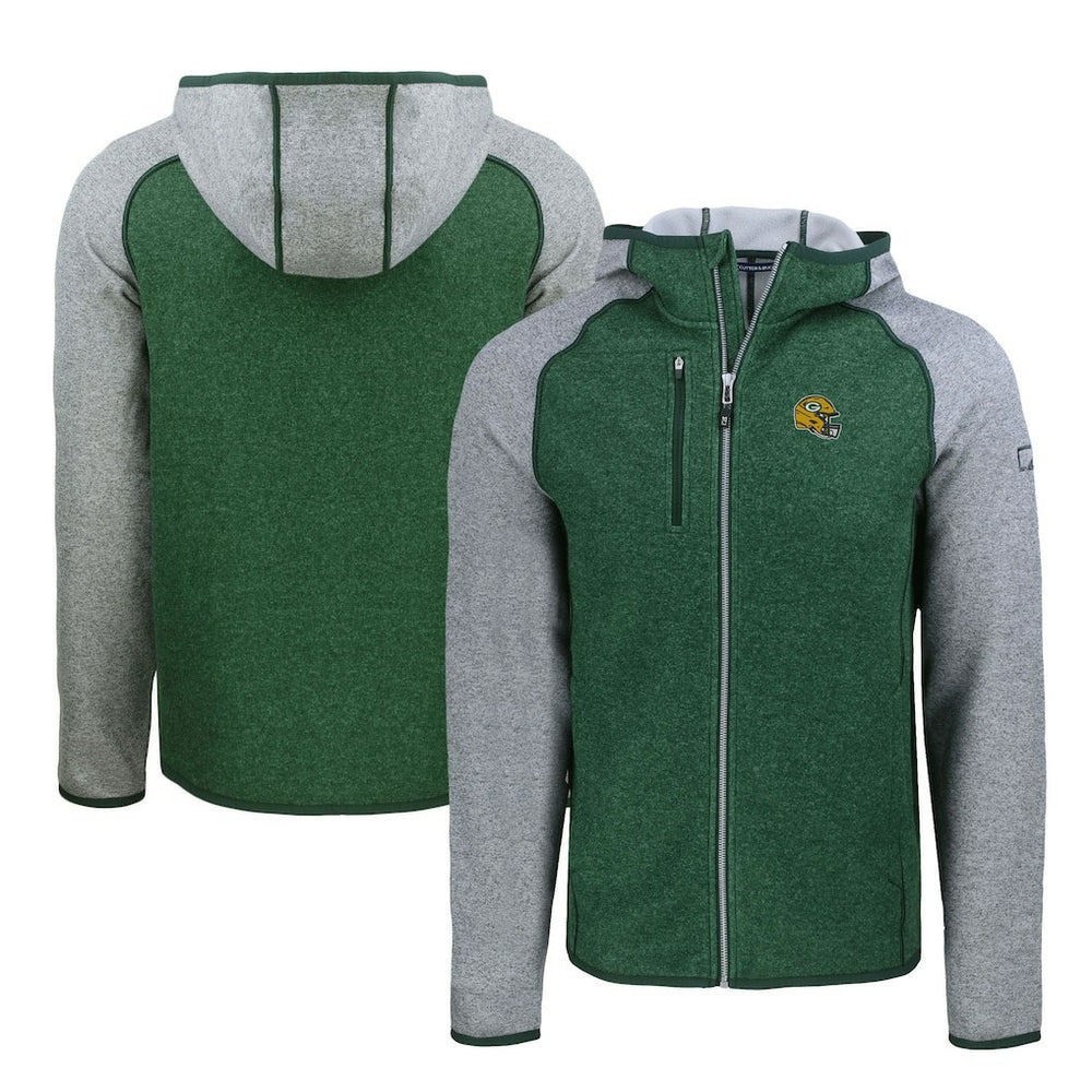Green Bay Packers Cutter & Buck Helmet Mainsail Sweater-Knit Full-Zip Hoodie - Heather Green/Heather Gray on sale