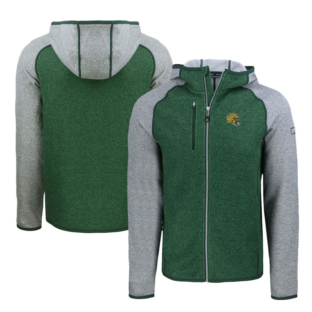 Green Bay Packers Cutter & Buck Helmet Mainsail Sweater-Knit Full-Zip Hoodie - Heather Green/Heather Gray on sale