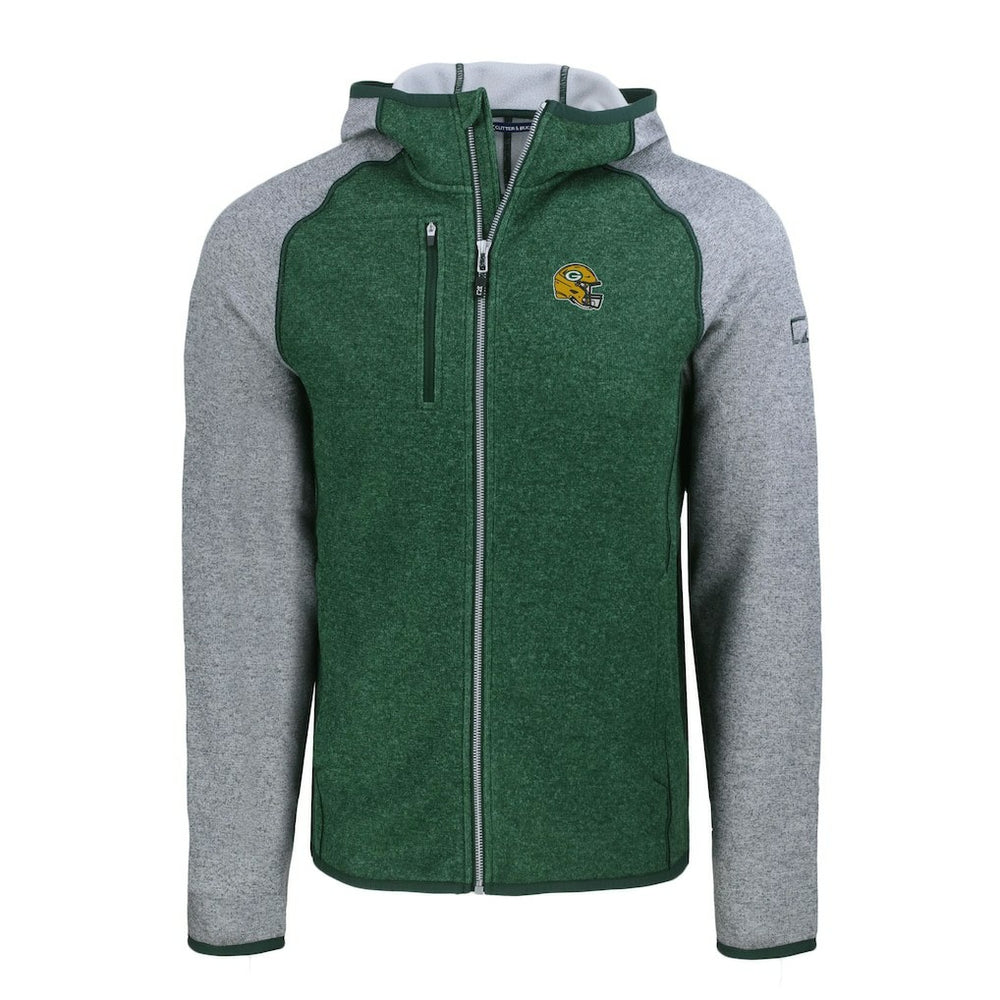 Green Bay Packers Cutter & Buck Helmet Mainsail Sweater-Knit Full-Zip Hoodie - Heather Green/Heather Gray on sale