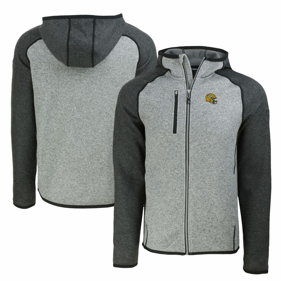 Green Bay Packers Cutter & Buck Helmet Mainsail Sweater-Knit Full-Zip Hoodie - Heather Gray/Heather Charcoal cheap