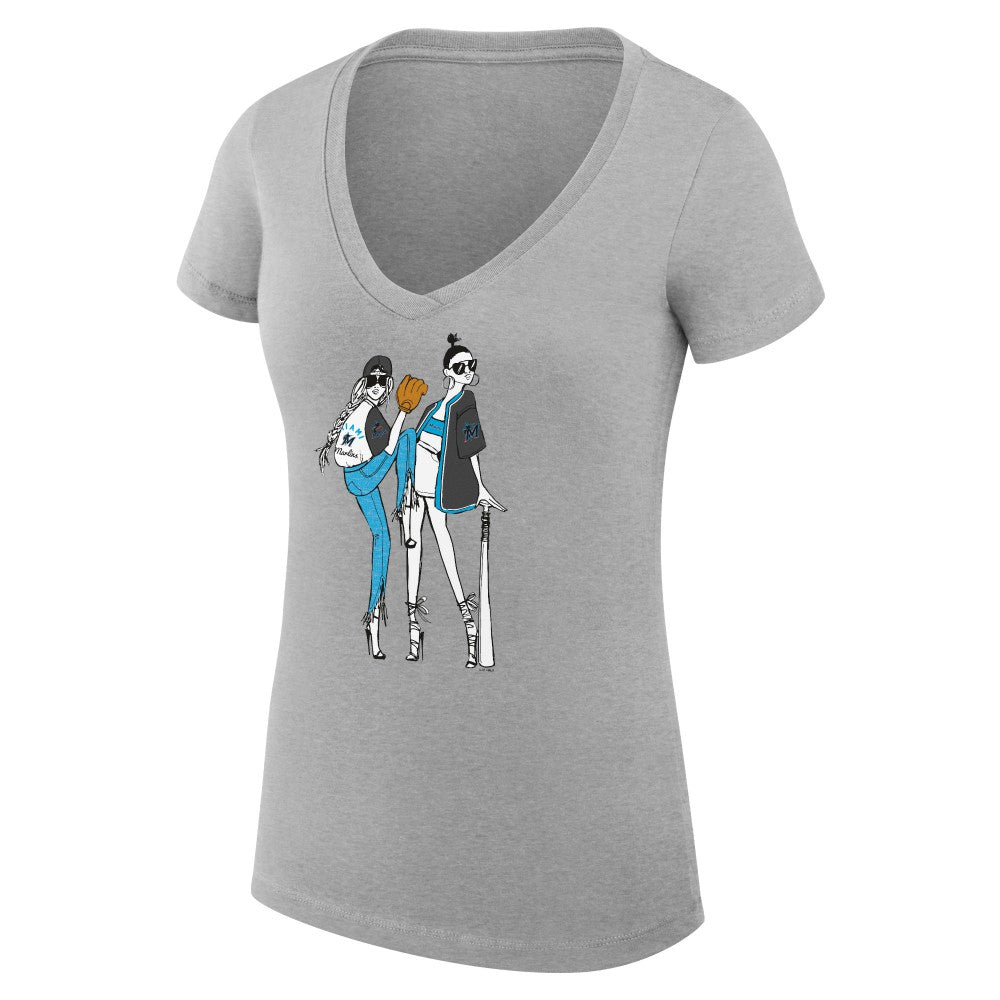 Miami Marlins G-III 4Her by Carl Banks Women's Super-Slim Fit Lightweight Baseball V-Neck T-Shirt - Heather Gray