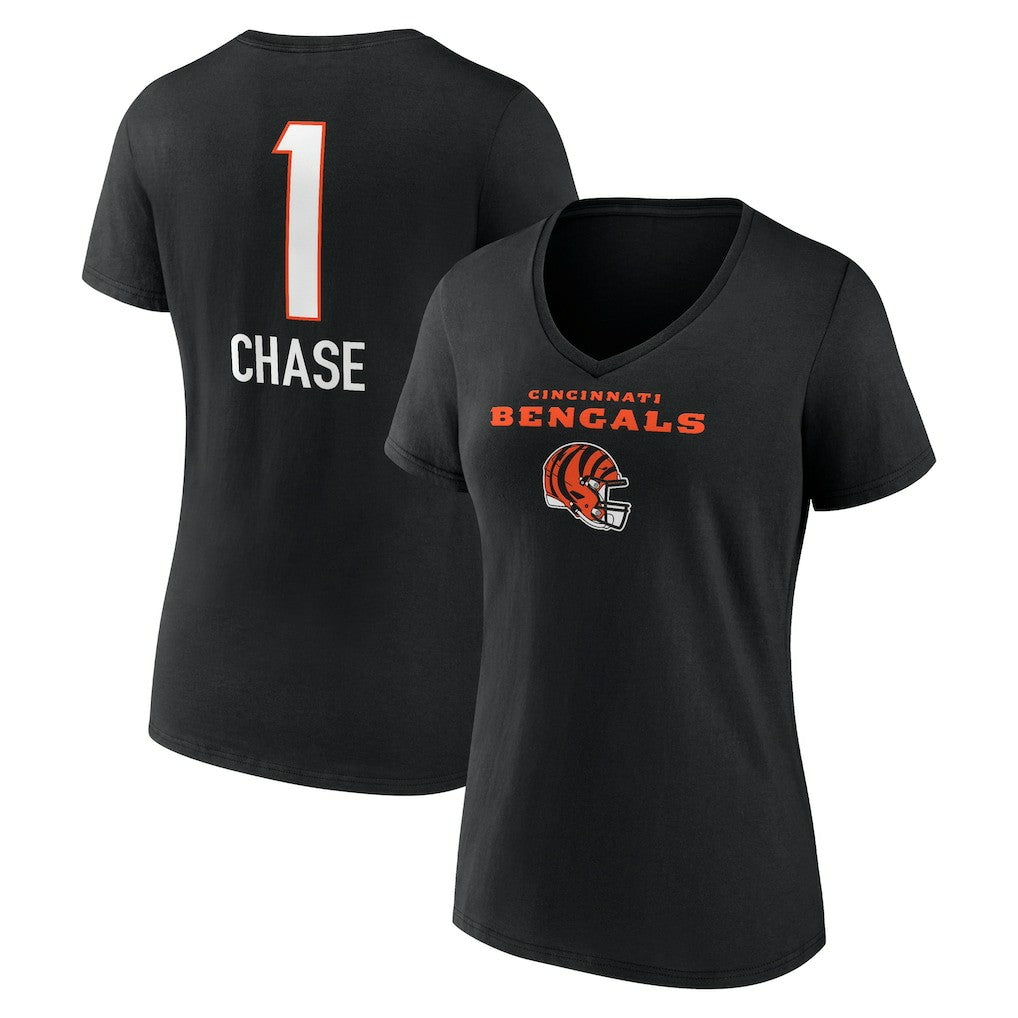 Ja'Marr Chase Cincinnati Bengals Women's Team Wordmark Player Name & Number V-Neck T-Shirt - Black for sale
