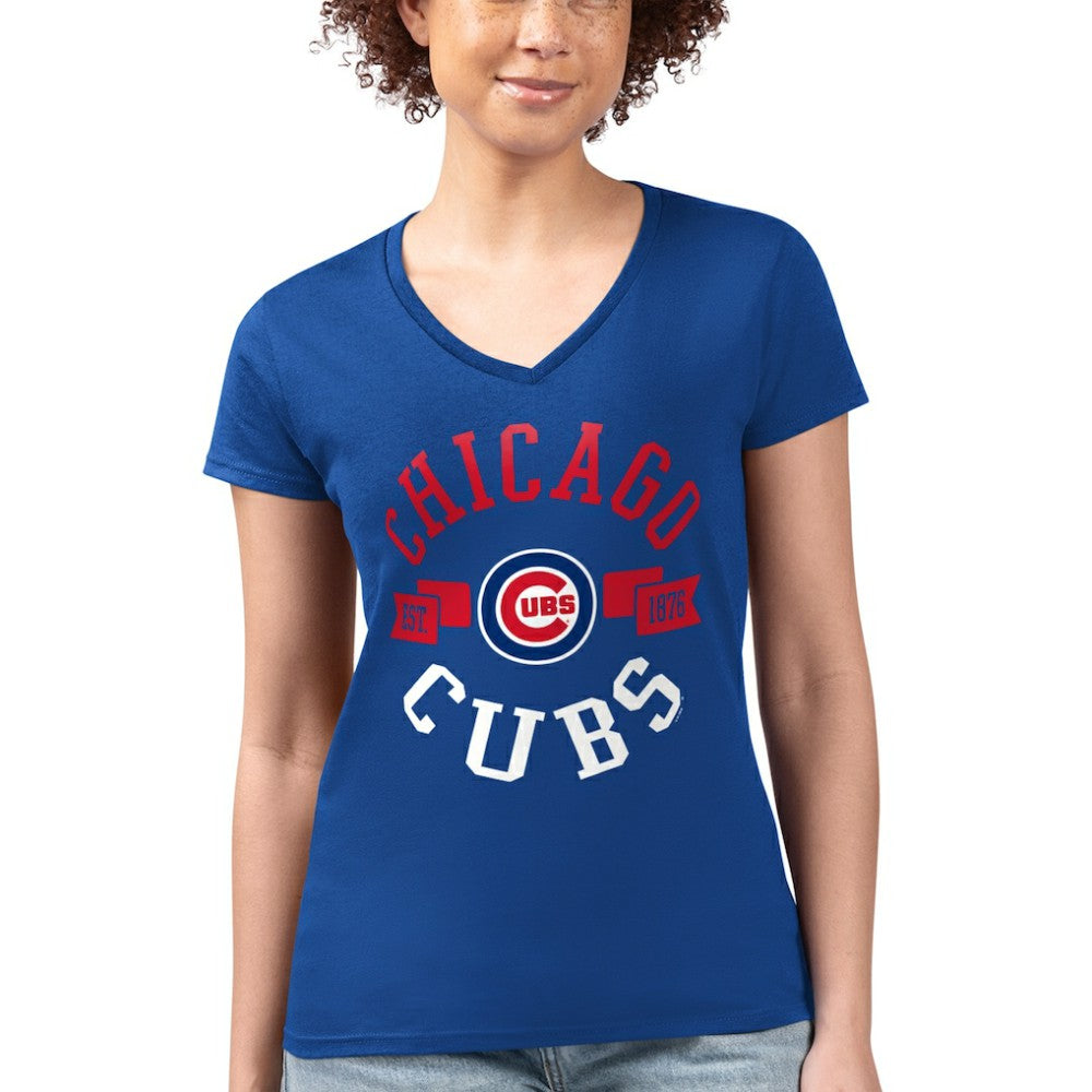 Chicago Cubs G-III 4Her by Carl Banks Women's Super-Slim Fit Lightweight City Graphic V-Neck T-Shirt - Royal