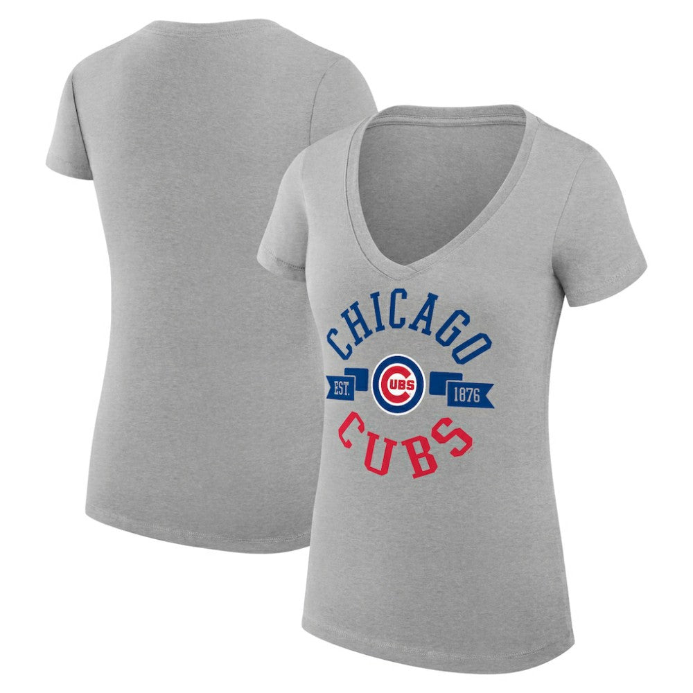 Chicago Cubs G-III 4Her by Carl Banks Women's Super-Slim Fit Lightweight City Graphic V-Neck T-Shirt - Heather Gray