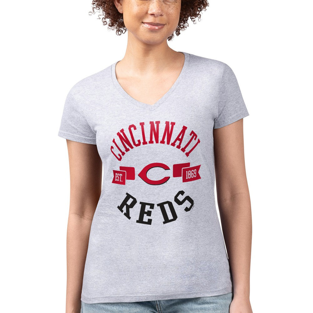 Cincinnati Reds G-III 4Her by Carl Banks Women's Super-Slim Fit Lightweight City Graphic V-Neck T-Shirt - Heather Gray