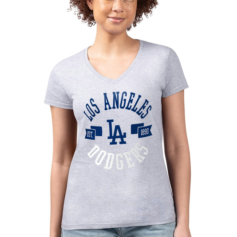 Los Angeles Dodgers G-III 4Her by Carl Banks Women's Super-Slim Fit Lightweight City Graphic V-Neck T-Shirt - Heather Gray