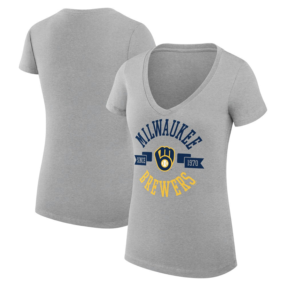 Milwaukee Brewers G-III 4Her by Carl Banks Women's Super-Slim Fit Lightweight City Graphic V-Neck T-Shirt - Heather Gray