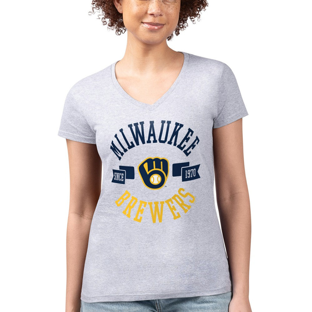 Milwaukee Brewers G-III 4Her by Carl Banks Women's Super-Slim Fit Lightweight City Graphic V-Neck T-Shirt - Heather Gray