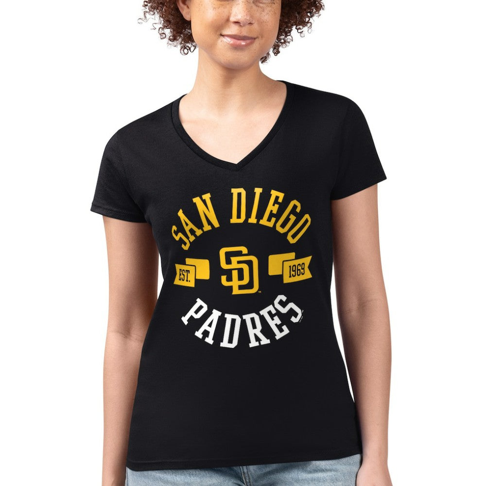 San Diego Padres G-III 4Her by Carl Banks Women's Super-Slim Fit Lightweight City Graphic V-Neck T-Shirt - Black