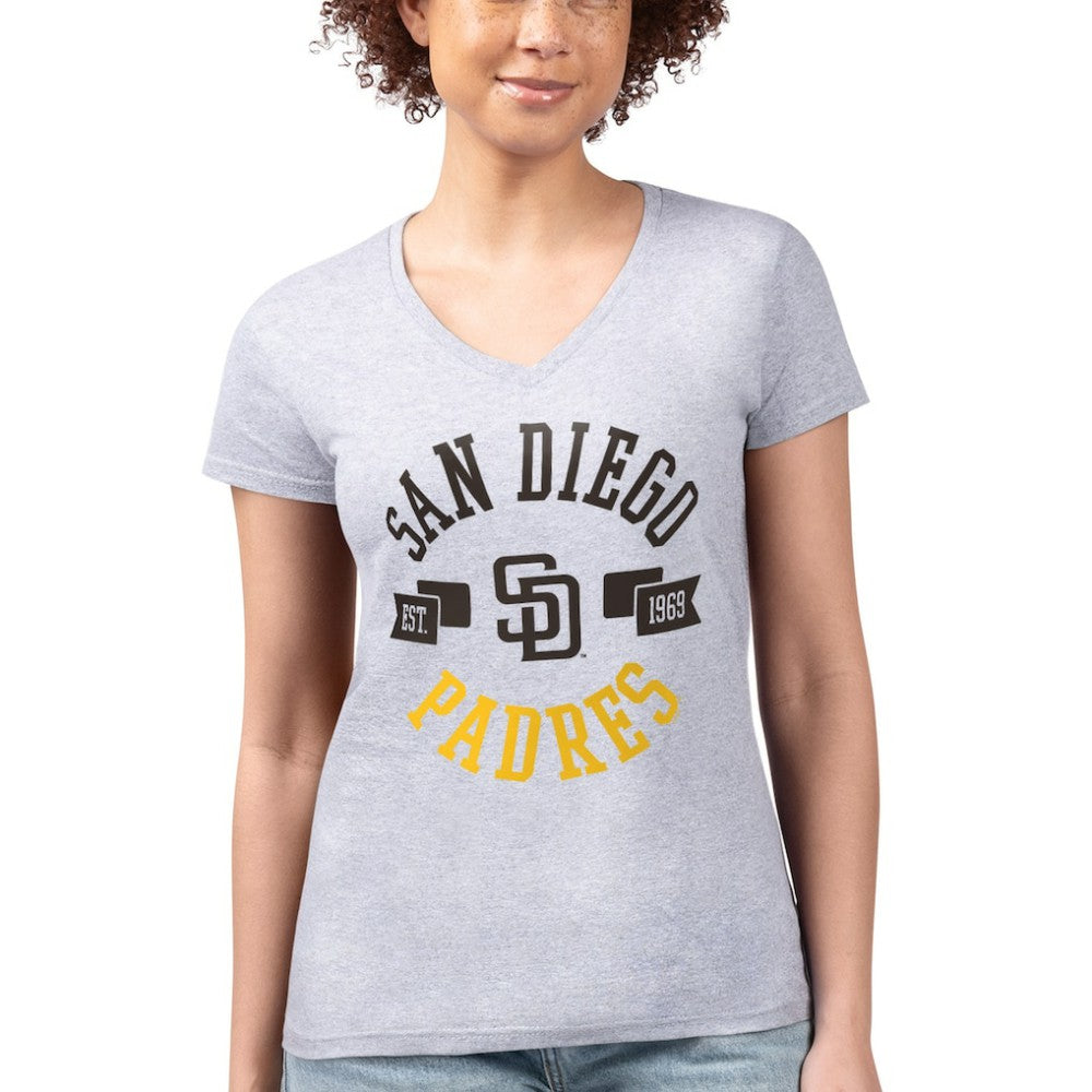 San Diego Padres G-III 4Her by Carl Banks Women's Super-Slim Fit Lightweight City Graphic V-Neck T-Shirt - Heather Gray