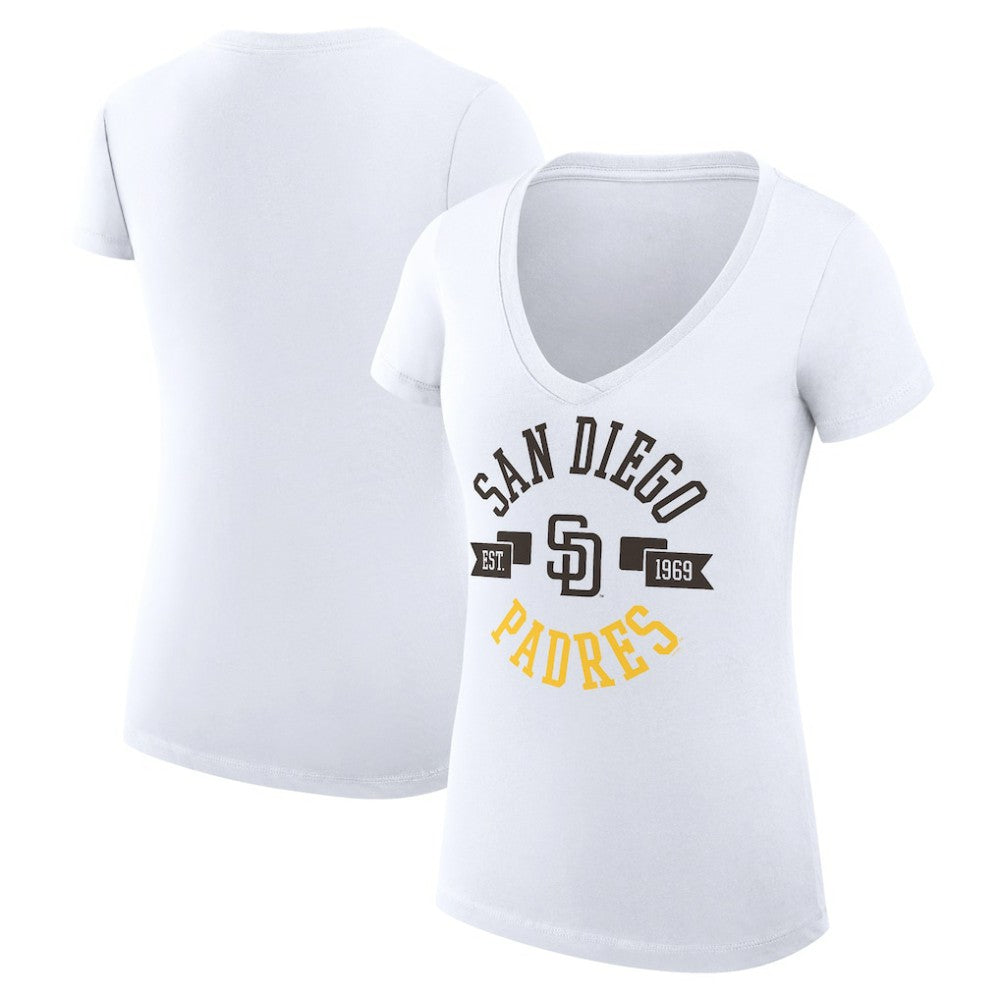 San Diego Padres G-III 4Her by Carl Banks Women's Super-Slim Fit Lightweight City Graphic V-Neck T-Shirt - White