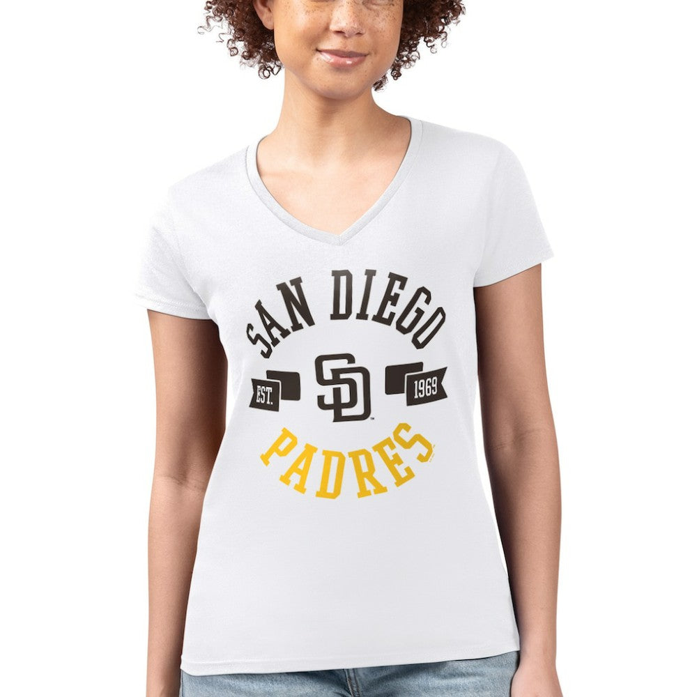San Diego Padres G-III 4Her by Carl Banks Women's Super-Slim Fit Lightweight City Graphic V-Neck T-Shirt - White