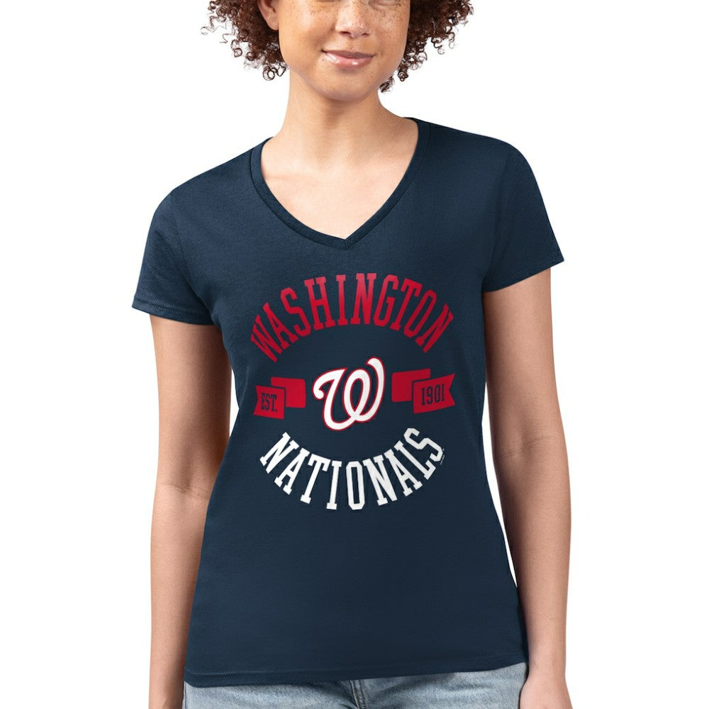 Washington Nationals G-III 4Her by Carl Banks Women's Super-Slim Fit Lightweight City Graphic V-Neck T-Shirt - Navy