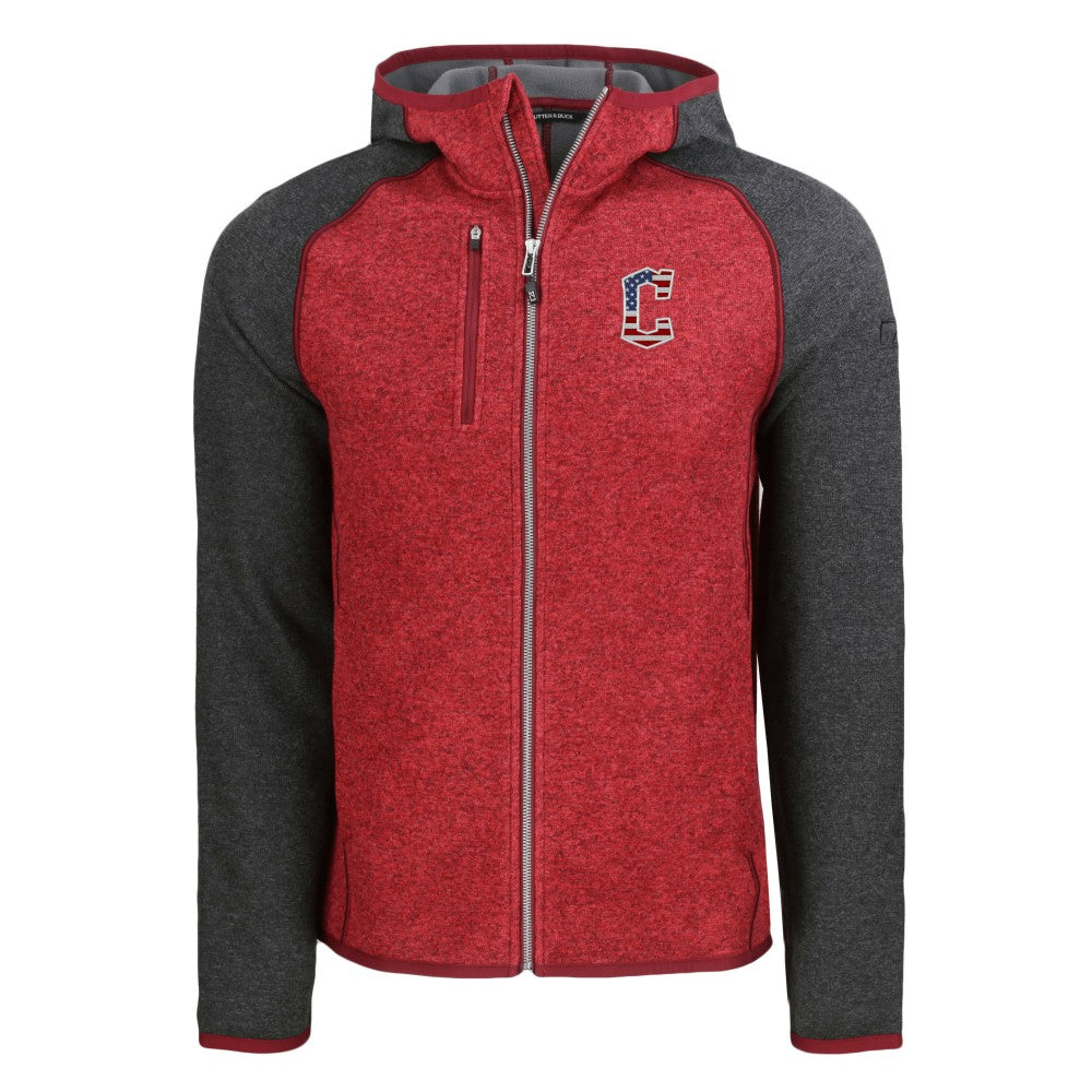 Cleveland Guardians Cutter & Buck Stars & Stripes Mainsail Sweater-Knit Full-Zip Hoodie - Heather Red/Heather Charcoal
