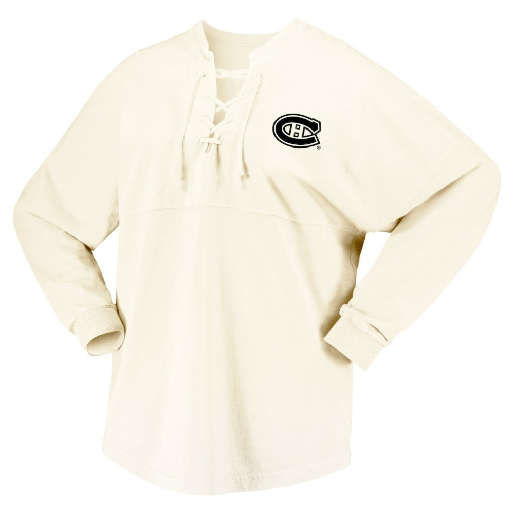 Montreal Canadiens Fanatics Women's Original Six Lace-Up Spirit Jersey Long Sleeve T-Shirt Cream