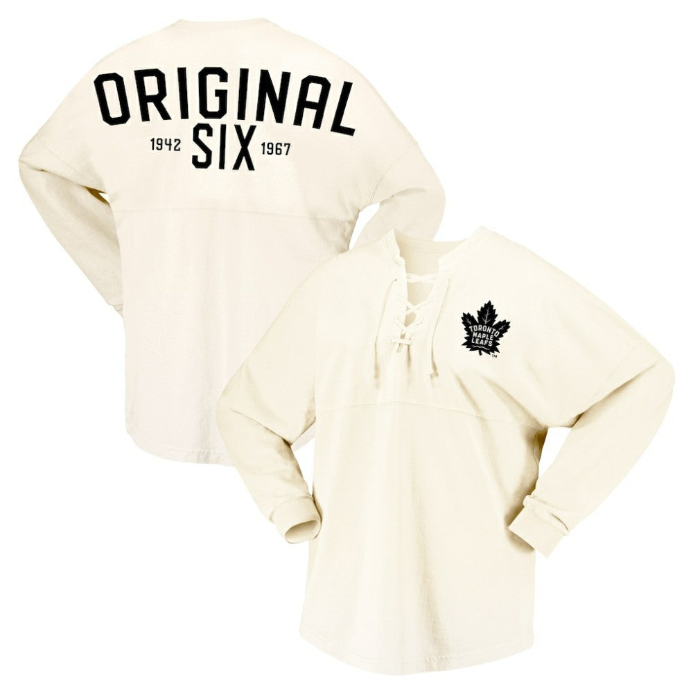 Toronto Maple Leafs Fanatics Women's Original Six Lace-Up Spirit Jersey Long Sleeve T-Shirt Cream