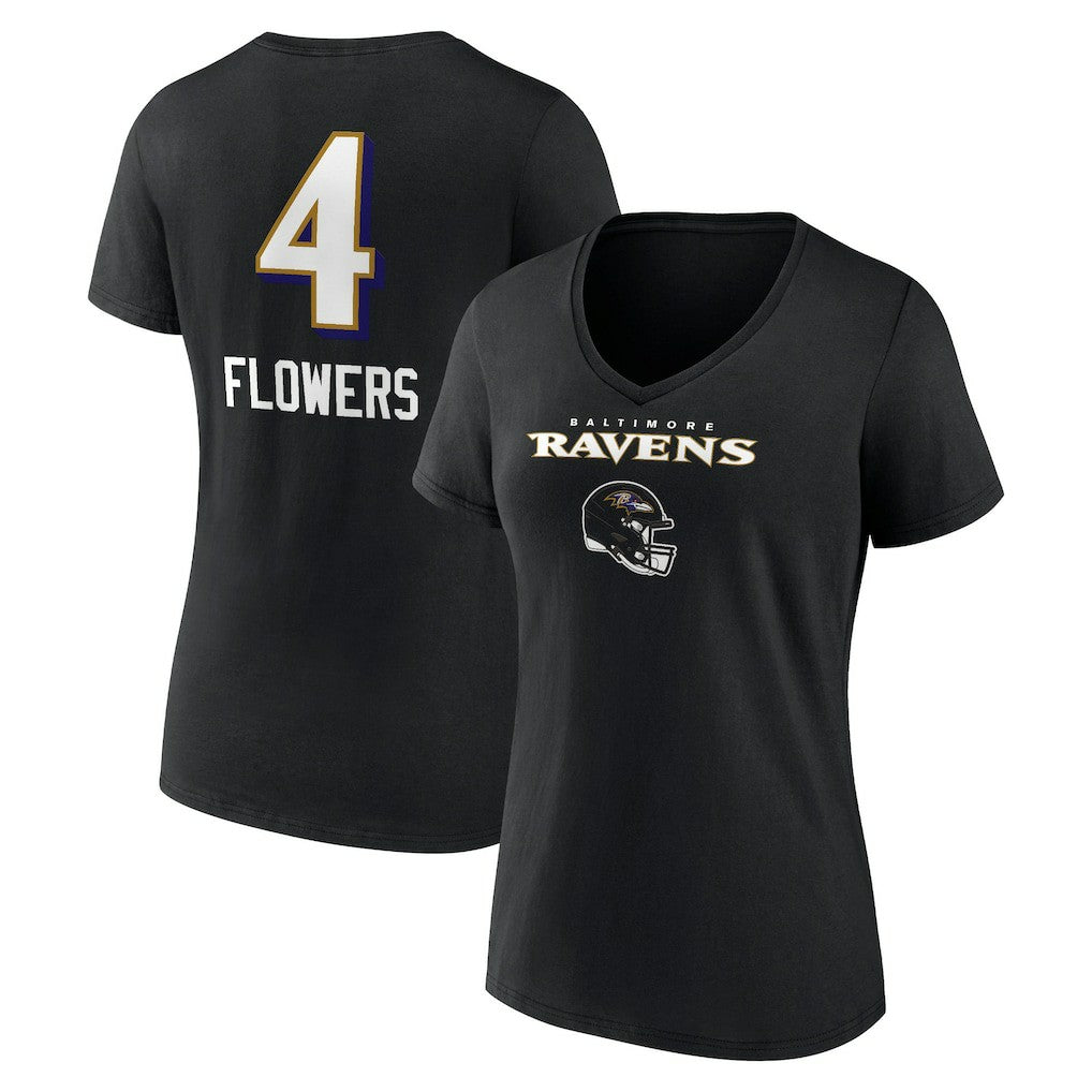 Zay Flowers Baltimore Ravens Women's Team Wordmark Player Name & Number V-Neck T-Shirt - Black for sale