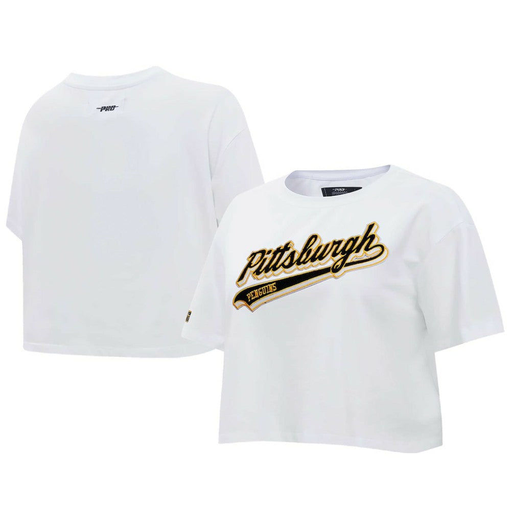 Pittsburgh Penguins Pro Standard Women's Boxy Script Tail Cropped T-Shirt White