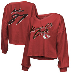 Travis Kelce Kansas City Chiefs Majestic Threads Women's Name & Number Off-Shoulder Script Cropped Long Sleeve V-Neck T-Shirt - Red online