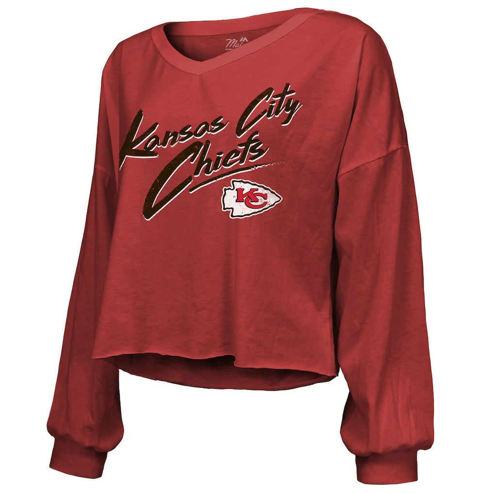 Travis Kelce Kansas City Chiefs Majestic Threads Women's Name & Number Off-Shoulder Script Cropped Long Sleeve V-Neck T-Shirt - Red online