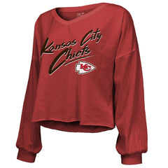 Travis Kelce Kansas City Chiefs Majestic Threads Women's Name & Number Off-Shoulder Script Cropped Long Sleeve V-Neck T-Shirt - Red online