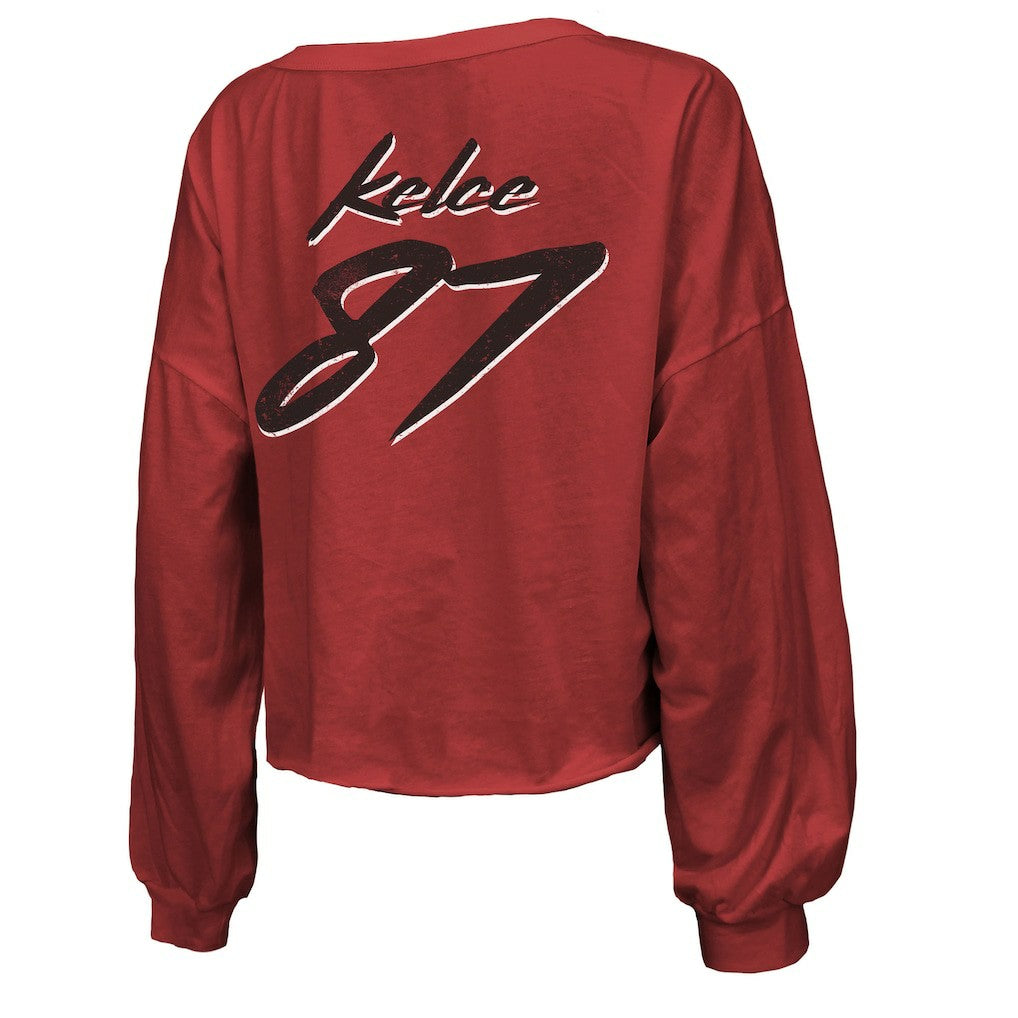 Travis Kelce Kansas City Chiefs Majestic Threads Women's Name & Number Off-Shoulder Script Cropped Long Sleeve V-Neck T-Shirt - Red online