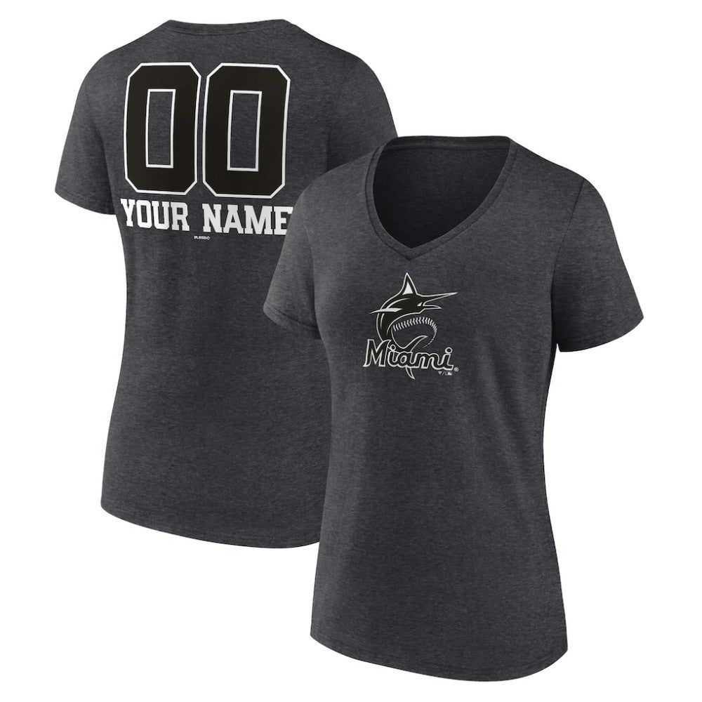 Miami Marlins Women's Personalized Monochrome Name & Number V-Neck T-Shirt - Charcoal