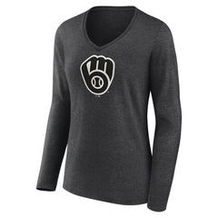 Milwaukee Brewers Women's Personalized Monochrome Name & Number Long Sleeve V-Neck T-Shirt - Charcoal