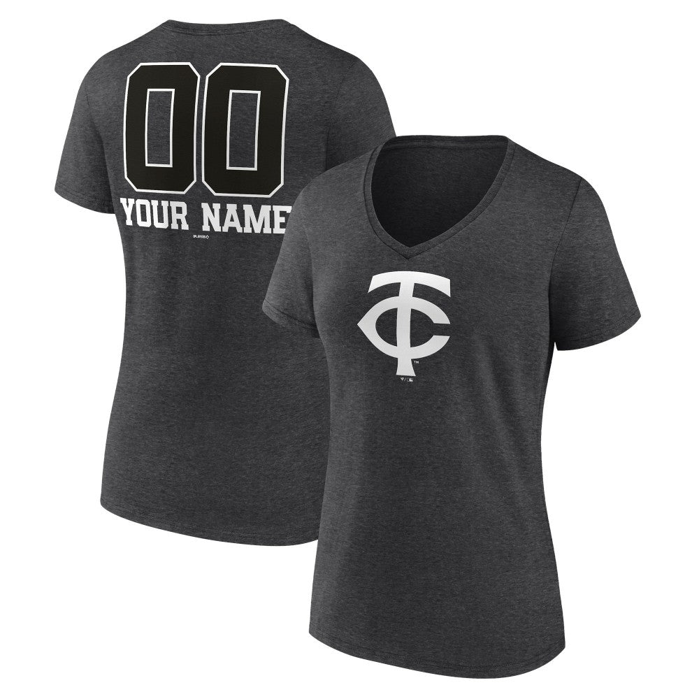 Minnesota Twins Women's Personalized Monochrome Name & Number V-Neck T-Shirt - Charcoal
