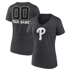 Philadelphia Phillies Women's Personalized Monochrome Name & Number V-Neck T-Shirt - Charcoal