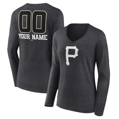 Pittsburgh Pirates Women's Personalized Monochrome Name & Number Long Sleeve V-Neck T-Shirt - Charcoal