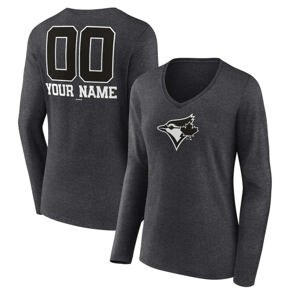 Toronto Blue Jays Women's Personalized Monochrome Name & Number Long Sleeve V-Neck T-Shirt - Charcoal