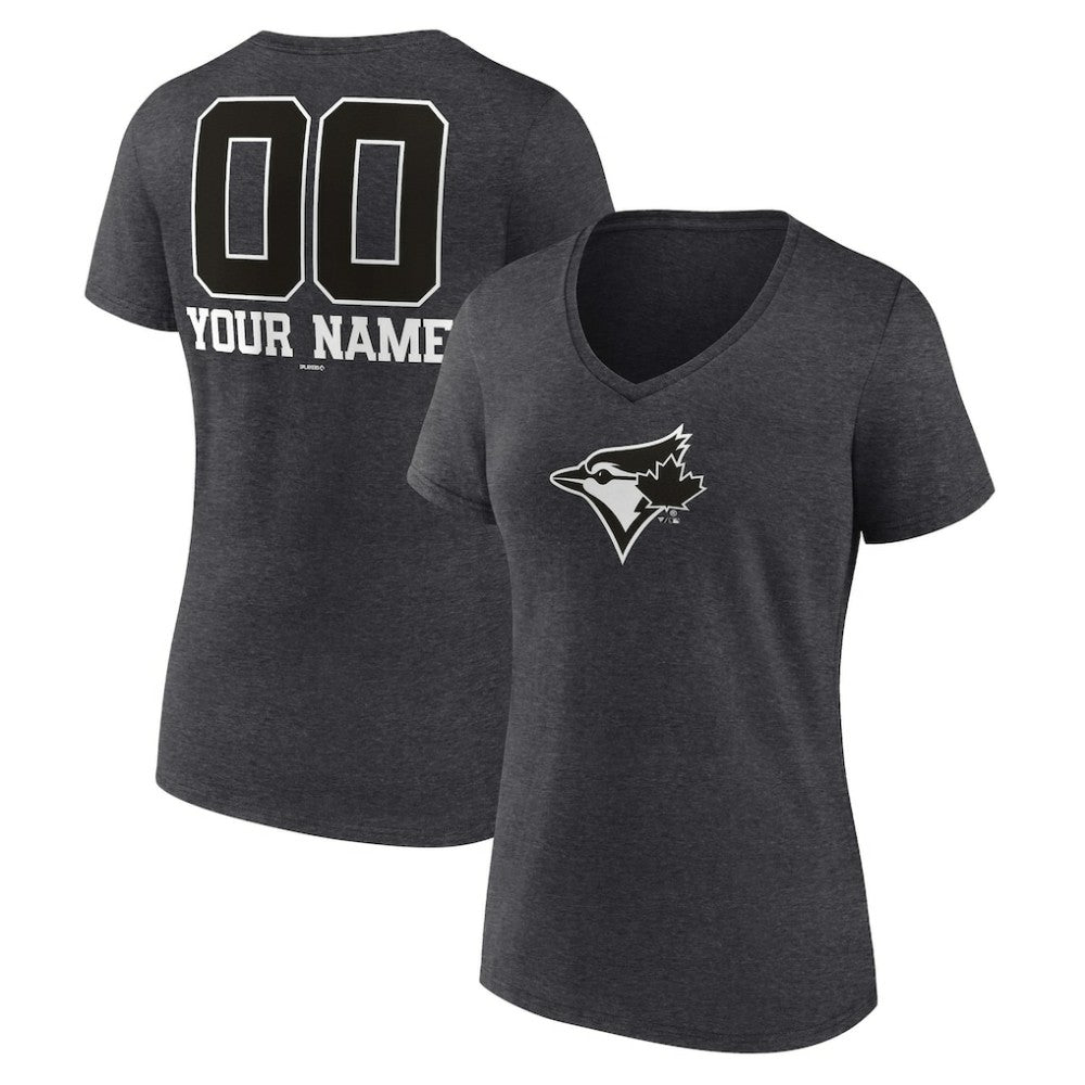 Toronto Blue Jays Women's Personalized Monochrome Name & Number V-Neck T-Shirt - Charcoal